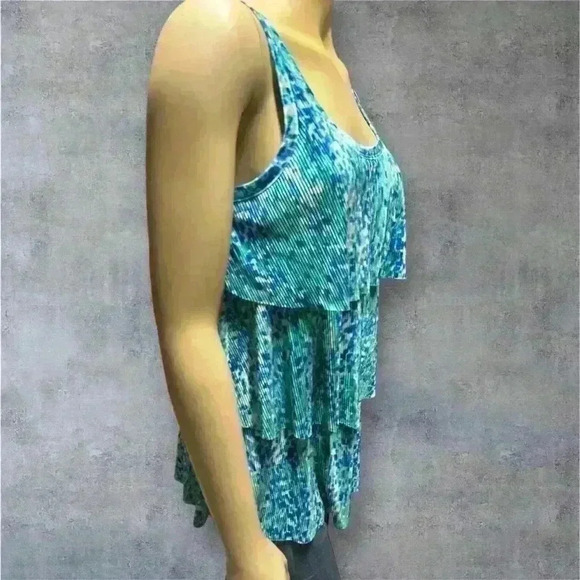Yves Women's Sleeveless Tiered Tank Top - Blue & Green Abstract Print size M - Picture 4 of 10